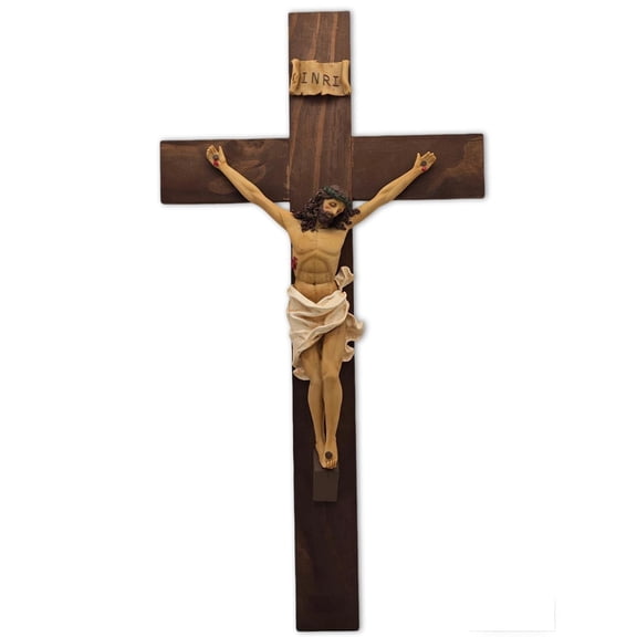19 Inch Wooden Wall Crucifix with Resin Jesus Figure - Catholic Religious Cross Decor for Home, Church, Prayer Room