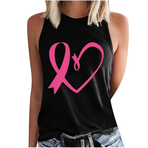 Women's Breast Cancer Awareness Camisole Pink Ribbon Heart Printed Tanks Crew Neck Top Sleeveless Shirts Loose Fit Warrior Tank Tops Trendy Casual Tunic Tops