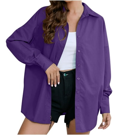 Amtdh Women s Graphic Blouses Clearance Solid Color Bishop Sleeve Collared Neck Fall Button Down Tops Plus Size Loose fit Lightweight Casual Pullover Fashion 2023 Teen Girls Cute Clothes Purple L