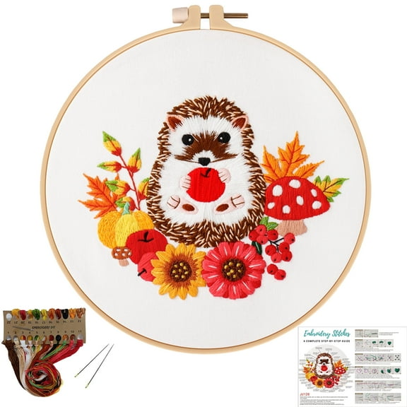 VOCHIC Animal Embroidery Kits for Beginners with Autumn hedgehog pattern,Adults Starter Cross Stitch Kit DIY Needlepoint Kits