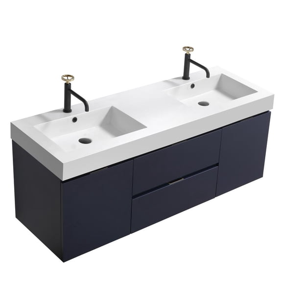 Kubebath Bliss 60" Double  Sink Blue Wall Mount Modern Bathroom Vanity