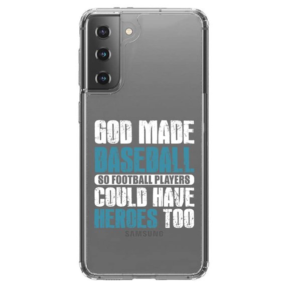 DistinctInk Clear Shockproof Hybrid Case for Galaxy S21  PLUS 5G (6.7" Screen) - TPU Bumper Acrylic Back Tempered Glass Screen Protector - God Made Baseball so Football Players Heroes