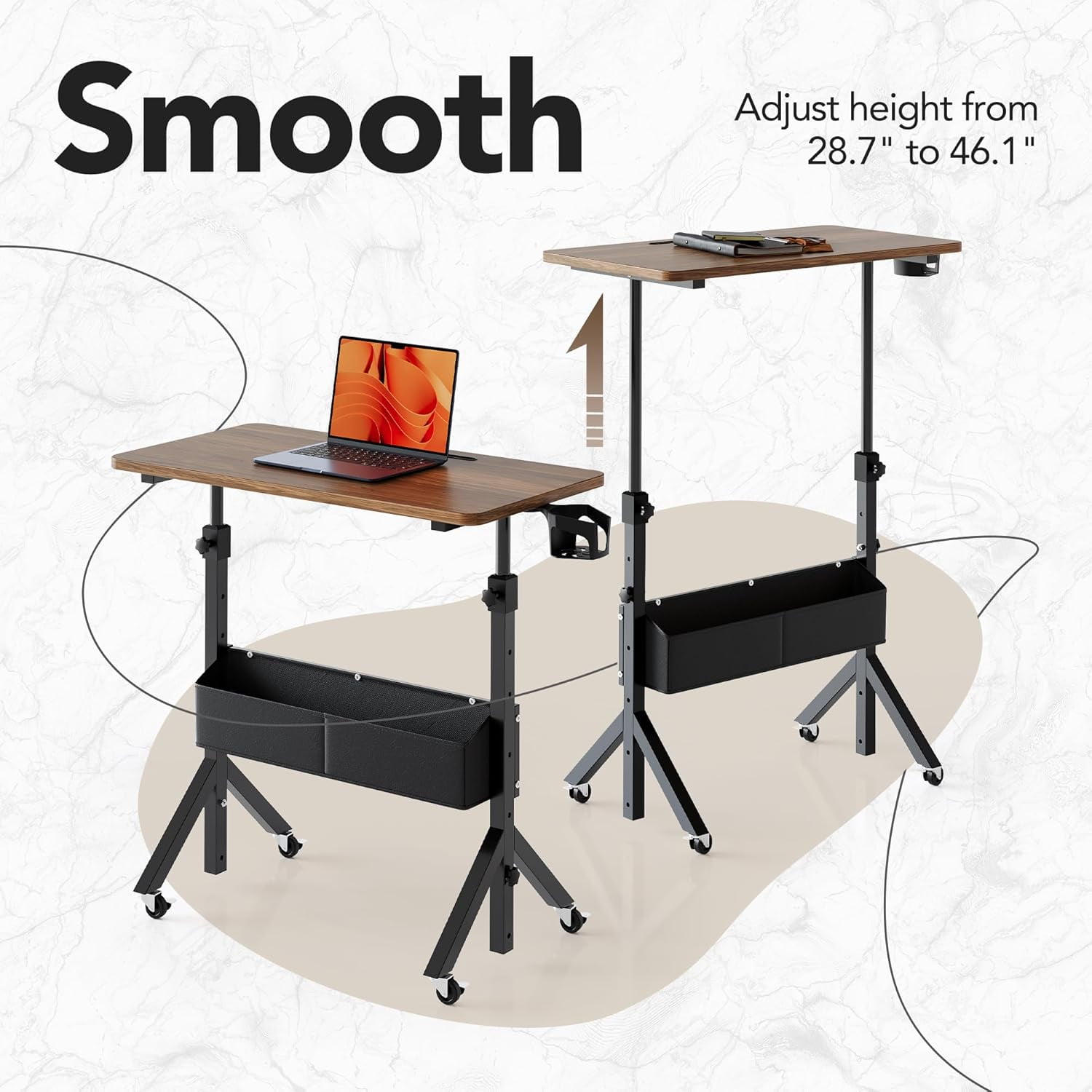 Kyspho Rolling Standing Desk Adjustable Height, Mobile Stand Up Desk for Walking Pad and Treadmill, Portable Computer Table with Wheels, 31.5"x15.75" Height 28.7"-46.1", Walnut