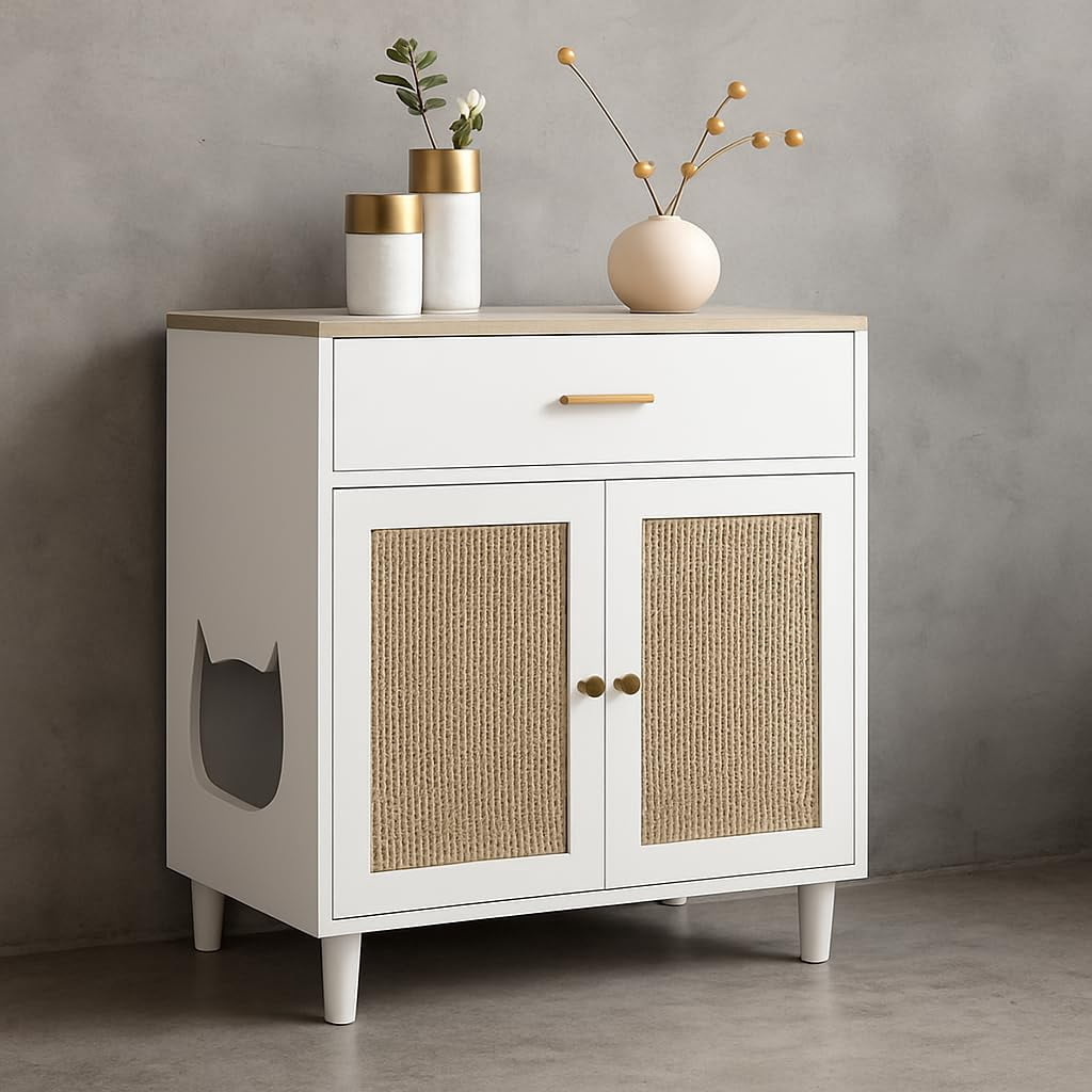 Hidden Cat Litter Box Furniture with Storage Drawer, Wood Cats Litter Enclosure Cabinet with 2 Sisal Doors, Hidden Enclosed Kitty Litter Box Cabinet Dog Proof for Living Room White
