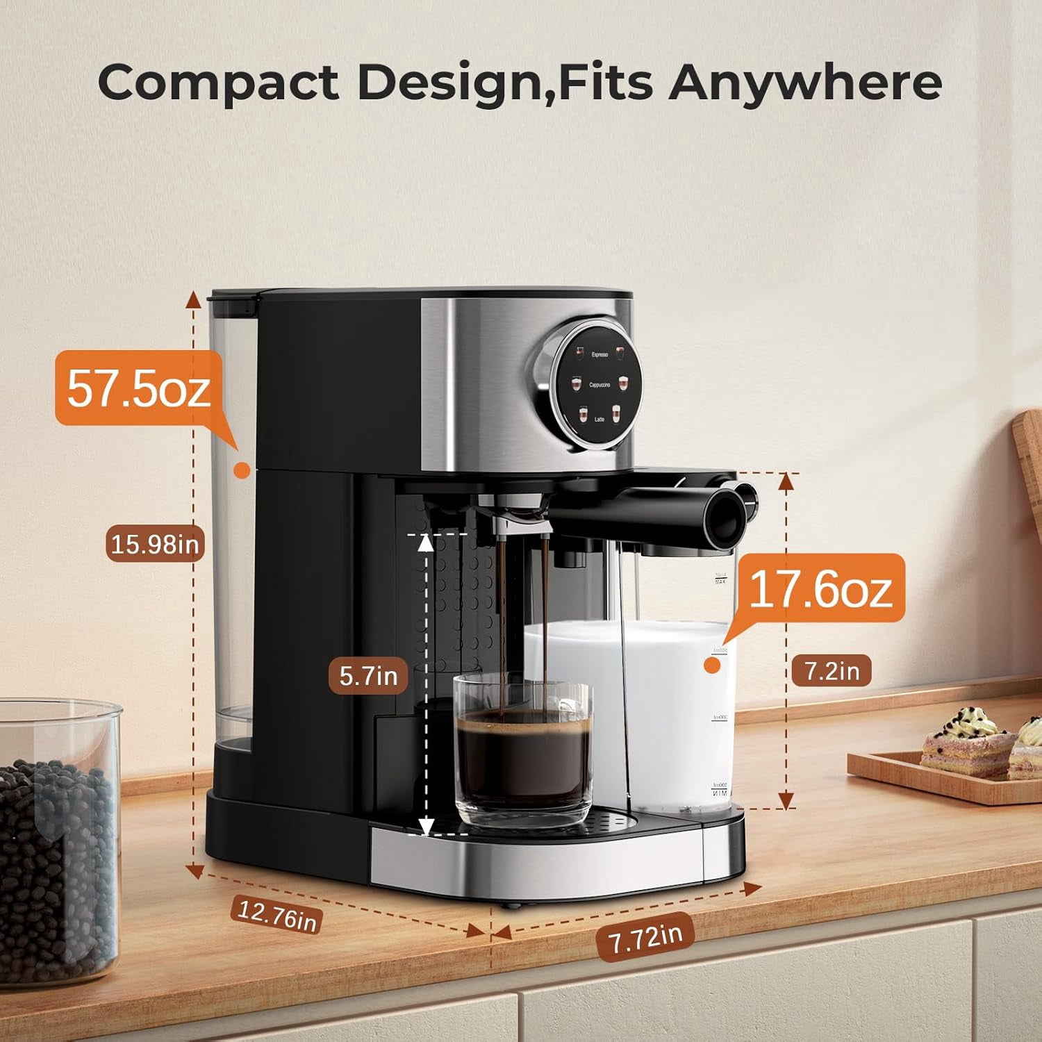 Moifoi 20 Bar Espresso Machine, Multifunctional Coffee Maker with Automatic Milk Frother, Coffee Machine with 57Oz Removable Water Tank & 17 Oz Milk Tank, Cappuccino, Latte