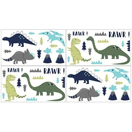 Jojo Designs Wall Hanging Sweet Jojo Designs 4-Piece Blue and Green Modern Dinosaur Girl or Boy Biy and Kids Wall Decal Stickers ()