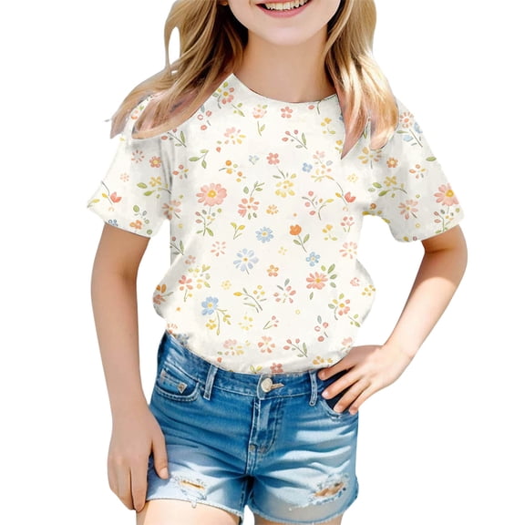 YunPes Girls Short Sleeve Shirts Floral Graphic Printing T Shirts Teens Kids Crewneck Tee Summer Trendy Preppy Cute Tops Clothes