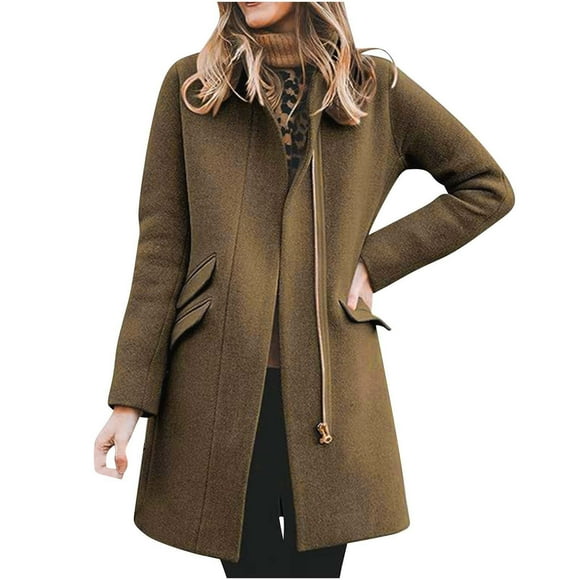 Qetyuw Trench Coat for Women Wool Blend Full Zip Up Peacoat Oversized Long Sleeve Casual Jacket Outwear