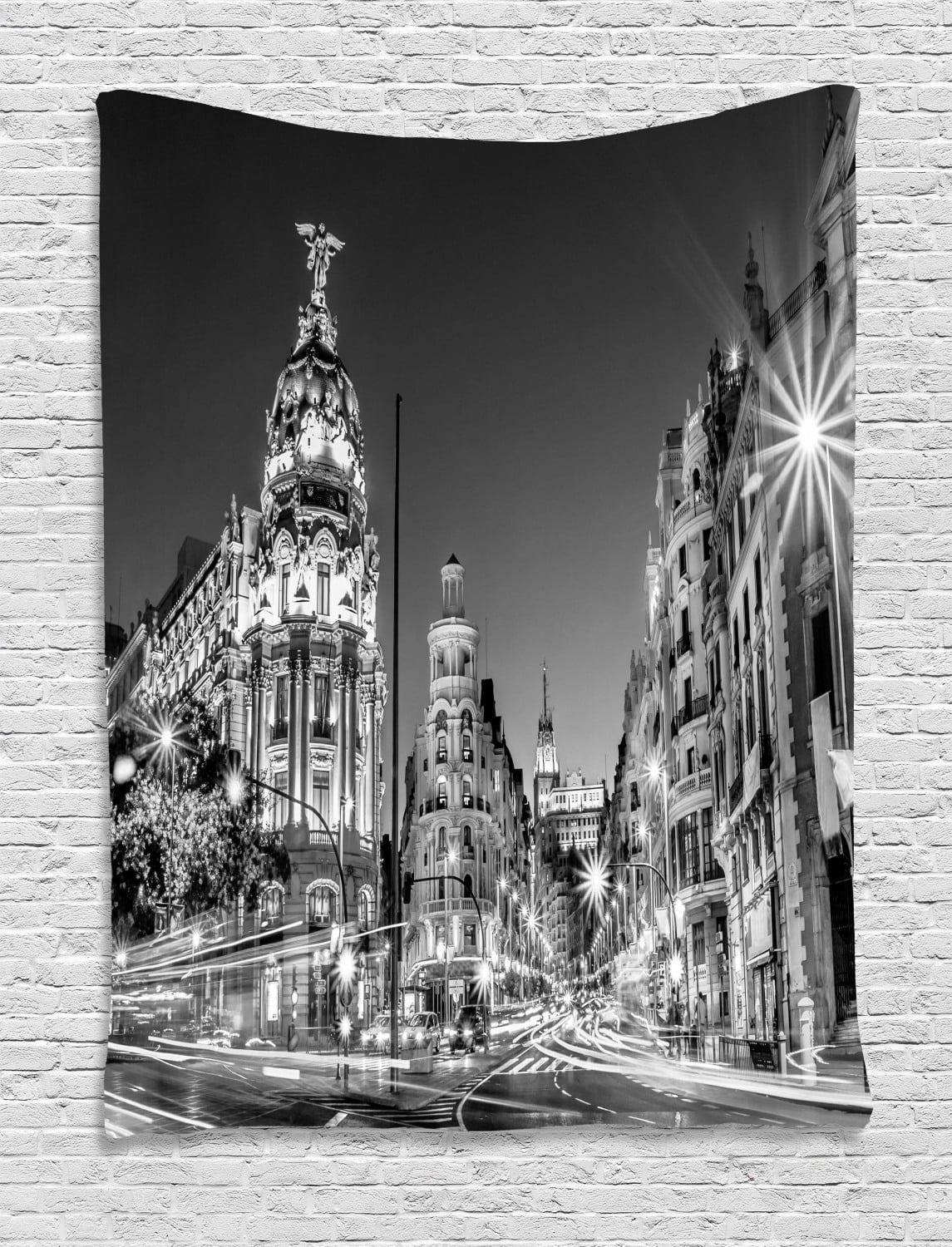Black and White Tapestry, Madrid City at Nighttime in Spain Main Street