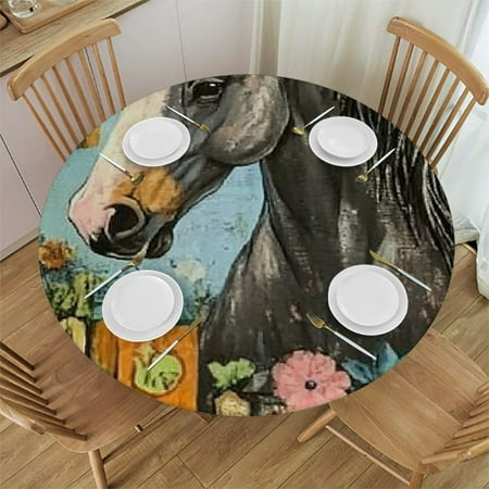 

Patifu Horse Flowers Folk Art Round Tablecloth with Elastic Edge Stain-Resistant Washable Ideal for Indoor and Outdoor Use 100% Polyester Fiber Waterproof 54 -58