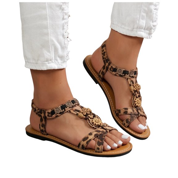 Rokment Leopard Flat Dress Sandals for Women Fashion Boho Beaded Elastic Ankle Strap Walking Slip on Beach Casual Slingback Summer Shoes 2026