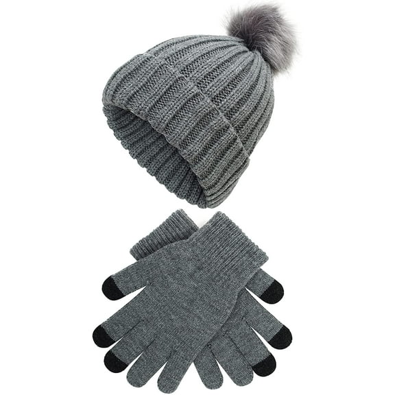 Muryobao 2 Pcs Womens Winter Knitted Beanie Hat Touch Screen Gloves Set Warm Knit Cuffed Skull Cap with Faux Fur Pom Dark Grey Set