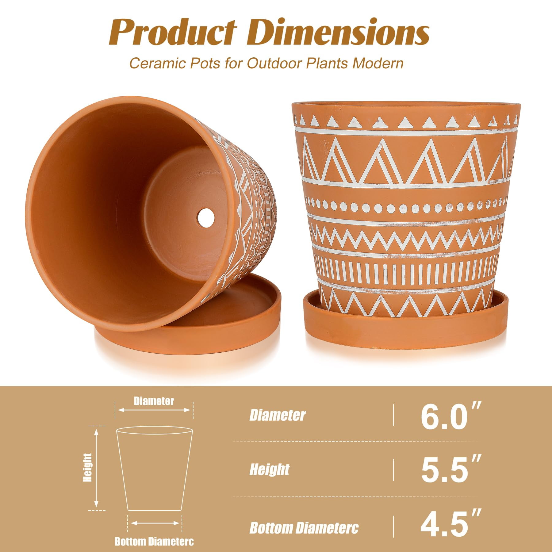 BUYMAX 6 inch Terracotta Pots with Drainage Hole & Saucer, Modern Geometric Planter Set of 2 in Terracotta Red- Boho Indoor Outdoor Flower Pots