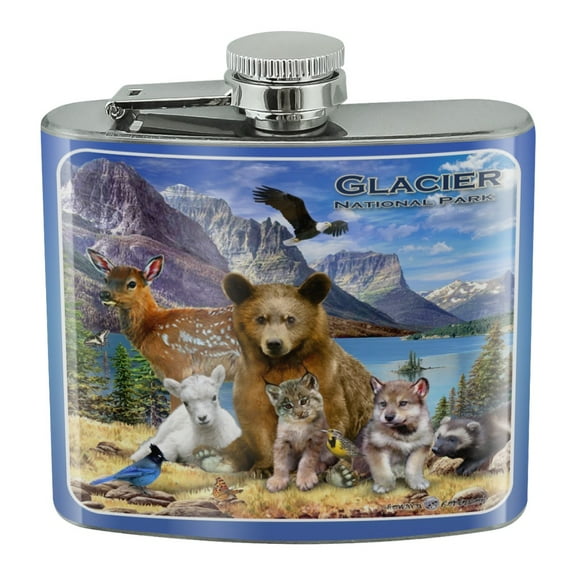Glacier National Park Montana Animals Bear Eagle Deer Bobcat Wolf Stainless Steel 5oz Hip Drink Kidney Flask