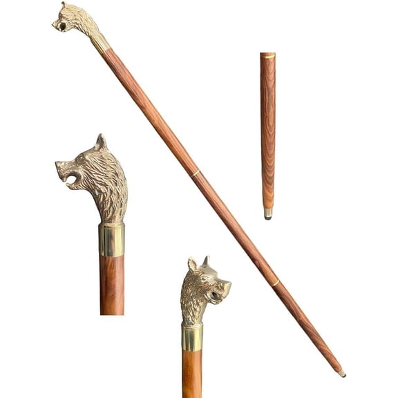 Yorkshire Walking Stick - Brass Handle Walking Cane Golden Wolf Head Made Handle Adjustable Brown Wooden Walking Stick Unisex Gift for Hiking