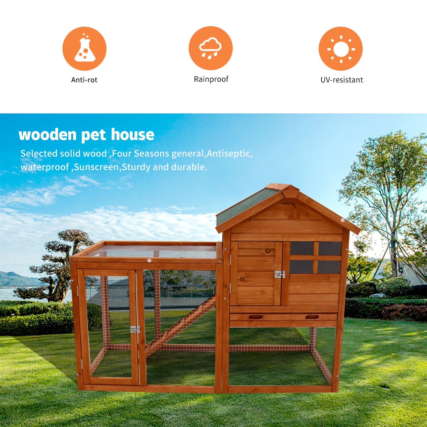 Pefilos 48" Outdoor Waterproof Rabbit Hutch, Wooden Guinea Pig Pet Cages in Natural Pefilos 48" Outdoor Waterproof Rabbit Hutch, Wooden Guinea Pig Pet Cages in Natural