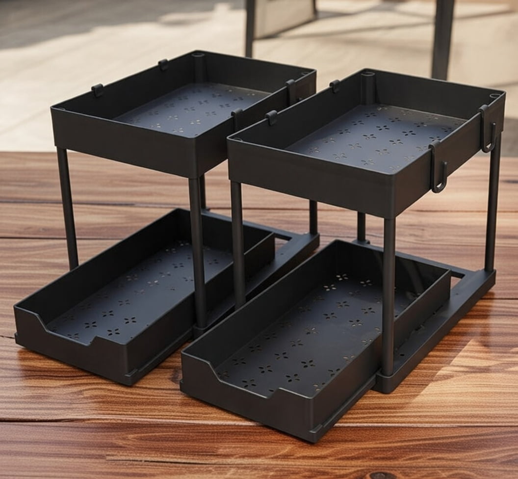 2-Tier Pull-Out Cabinet Organizer Sliding Storage Shelf - Under Sink or Kitchen Cabinet Organizer with Baskets and Hooks