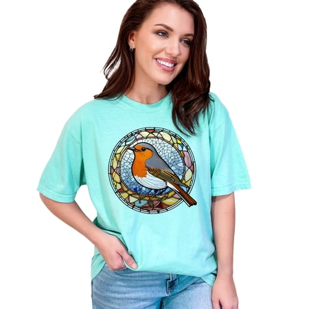 Stylish Stained Glass Bird Print T-Shirt Nature Inspired Graphic Tee Unique Bird Lover Gift Vintage Art Design Shirt for Men and Women Chalky Mint Comfort Colors T-Shirt Large