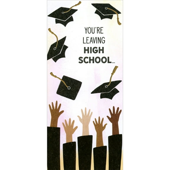 Designer Greetings Leaving High School: Raised Arms Tossing Grad Caps in Air Money Holder / Gift Card Holder Graduation Congratulations Card