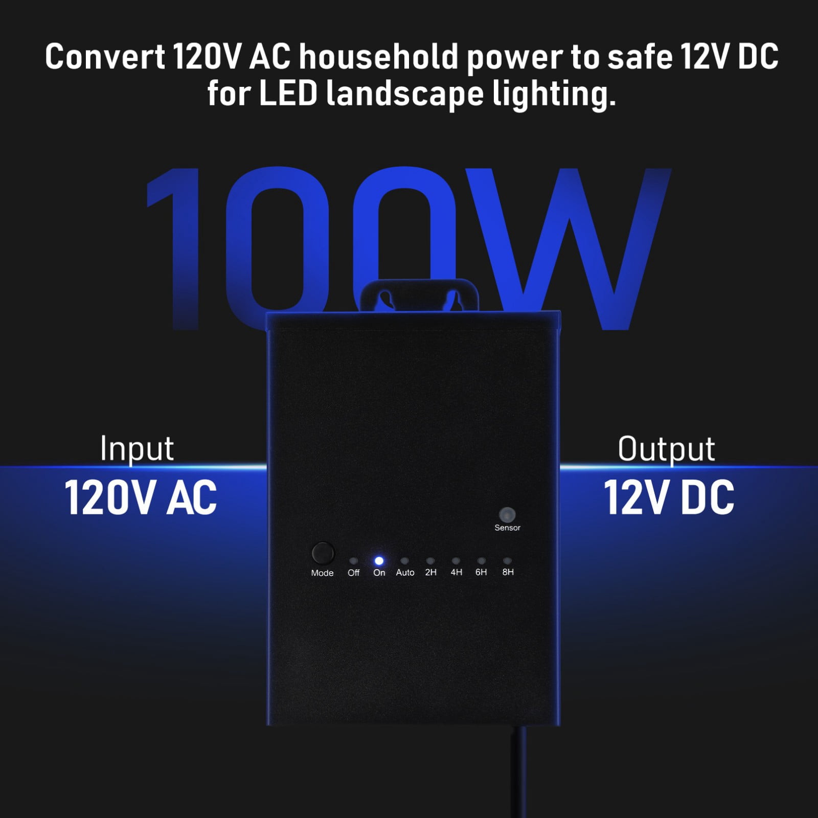 100W Outdoor Low Voltage Landscape Transformer, 120V AC to 12V DC Transformer with Timer and Photocell Light Sensor, ETL Listed, IP65 Waterproof, for Outdoor Spotlight Pathway Light