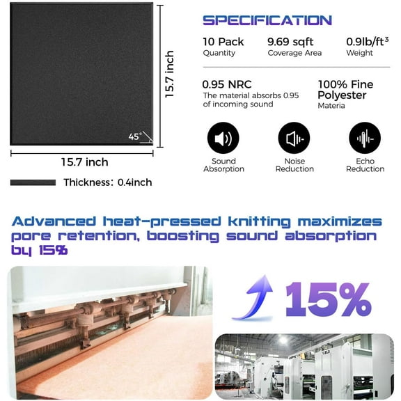 10 Pack Large -Adhesive Soundproof Wall Panels, 15. x 15. x 0.4 in Black Acoustic Foam for Noise Reduction