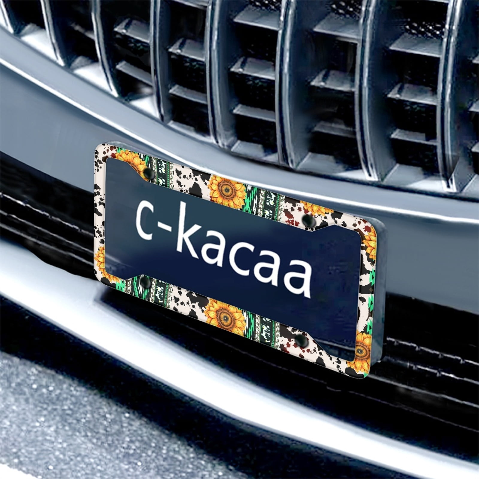 Renewold American Tribal Sunflower Cow Print Green Car License Plate Frame Holder Automotive Tag with Screws Car Decorative Accessories Set of 2