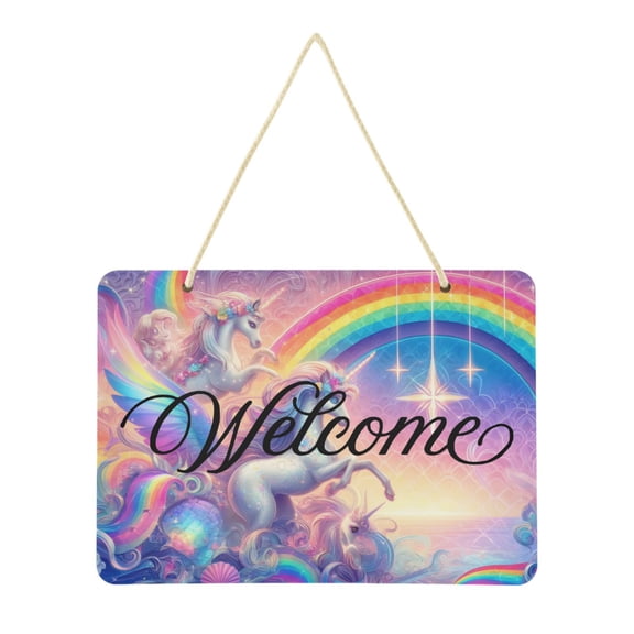 Unicorns and Rainbow Welcome Sign Front Door PVC 14x10 inch Hanger Hello Sign Farmhouse Wall Porch Home Outside Decor