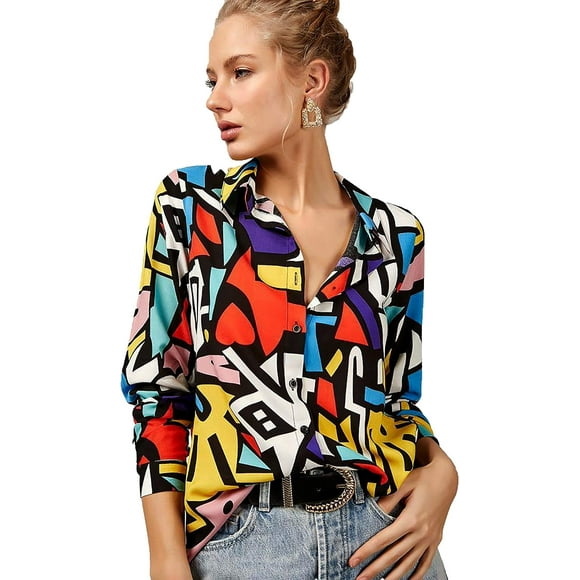 DART Blouses for Women Fashion, Casual Long Sleeve Button Down Shirts Tops, XS-3XL Red Yellow Mix Colors XX-Large