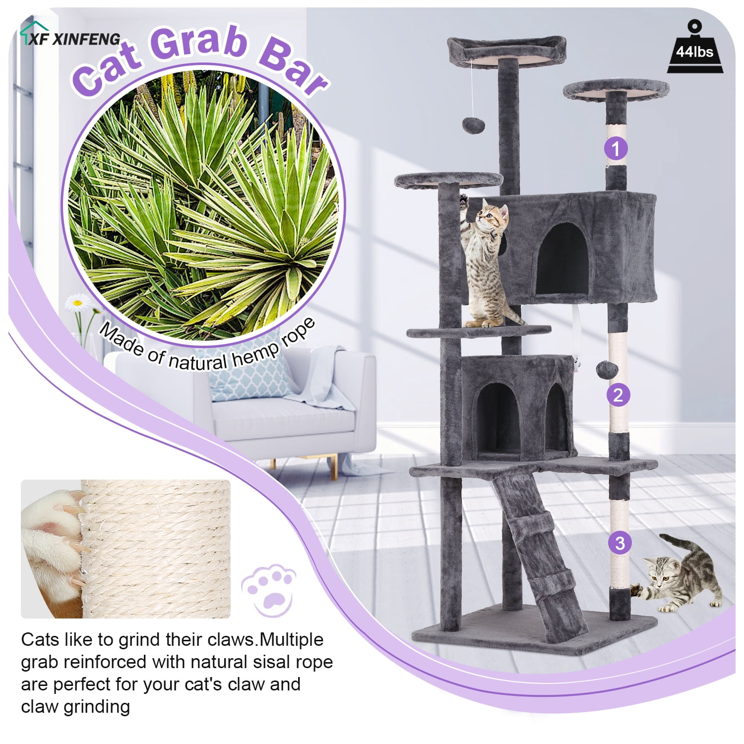 XF XINFENG 70" Cat Tree Tower Playhouse for Indoor Cats with Scratching Posts, Multi-Level Pet Cozy Condo Furniture, Light Gray