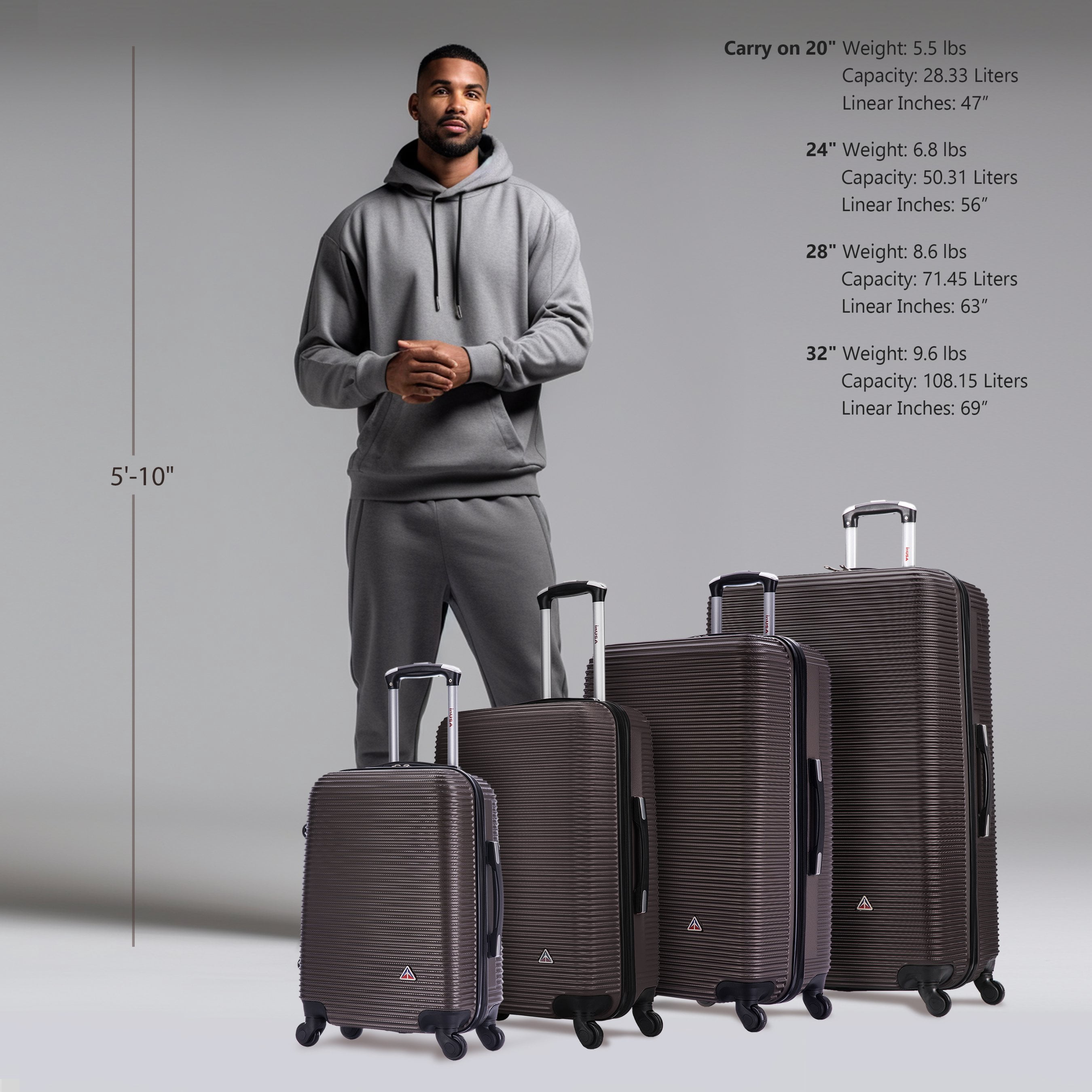 InUSA Royal 4-Piece Hardside Luggage Sets with Spinner Wheels, Handle, Trolley, (20"/24"/28"/32"), Brown