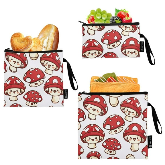Dailycode Reusable Ziploc Bags Leakproof Sandwich Snack Freezer Bags Red Cute Mushrooms 3 pack