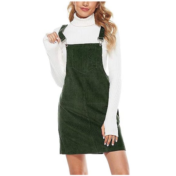 Lovskoo Women's Cute Corduroy Overall Bib Dress Pinafore Suspender Dress Skirt Jumper Dress with Pockets Green XL