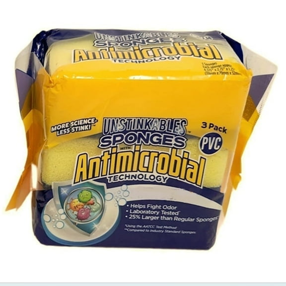 Unstinkables Antimicrobial Kitchen Sponges, Oversized, Odor-Free, Scour-Tek Pads, 3 Count, PVC