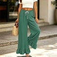 thumbnail image 6 of Women's Solid Color Ruffle Hem Wide Leg Pants - High Waisted Palazzo Trousers with Pockets, Flowy Drawstring Casual Lounge Pants Dark Green M, 6 of 7
