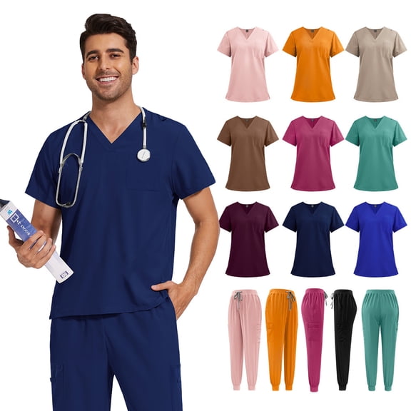 Unisex Scrub Sets with Solid Color V-Neck Short Sleeves Long Pants Nurse Uniform Featuring Pockets