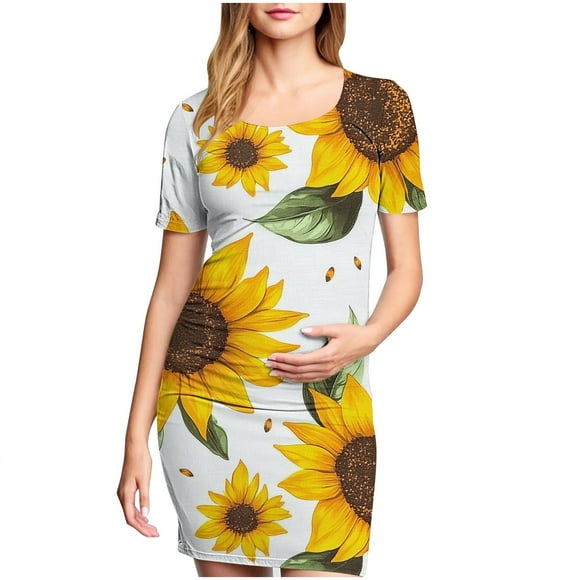 yoeyez Robes de Maternité pour Femmes Grande Taille à Manches Courtes à Encolure Dégagée Robe à Imprimé Floral Allaitement Robe de Maternité d'Allaitement Robe Soleil Moulante Froncée Midi Ajustée Robes Multicolore, TG