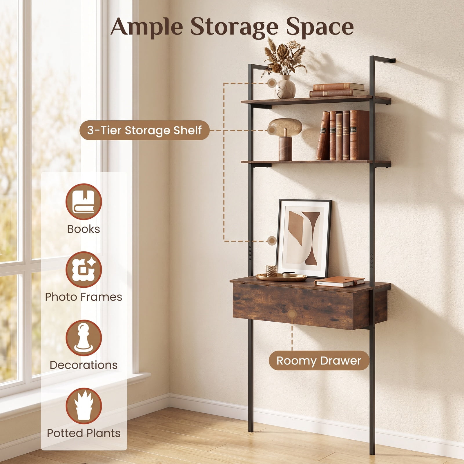 Furnibear 4-Tier Ladder Bookshelf with Drawer and Metal Frame for Living Room for Living Room Home Office Bedroom Display Storage Shelf, Rustic Brown