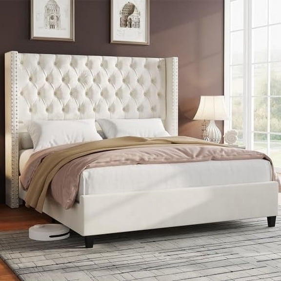 Merluxy King Bed Frame Velvet Upholstered Platform with 51.6" Tall Wingback Headboard,Gream