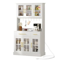 DWVO 71" Tall Kitchen Pantry Storage Cabinet with Power Outlet, Freestanding Cupboard Storage Buffet Hutch with Microwave Stand, Storage Pantry with Drawers & Glass Doors, White