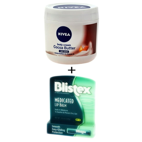Blistex Baume à Lèvres Médicamenteux & Crème pour le Corps Nivea Beurre de Cacao & Vitamine E - Peau Sèche - 400 ml