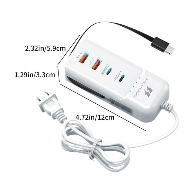Herunwer 4-Port Fast Charger with Dual PD and Dual USB Ports, 66W Total Output for Laptops, Tablets, and Smartphones