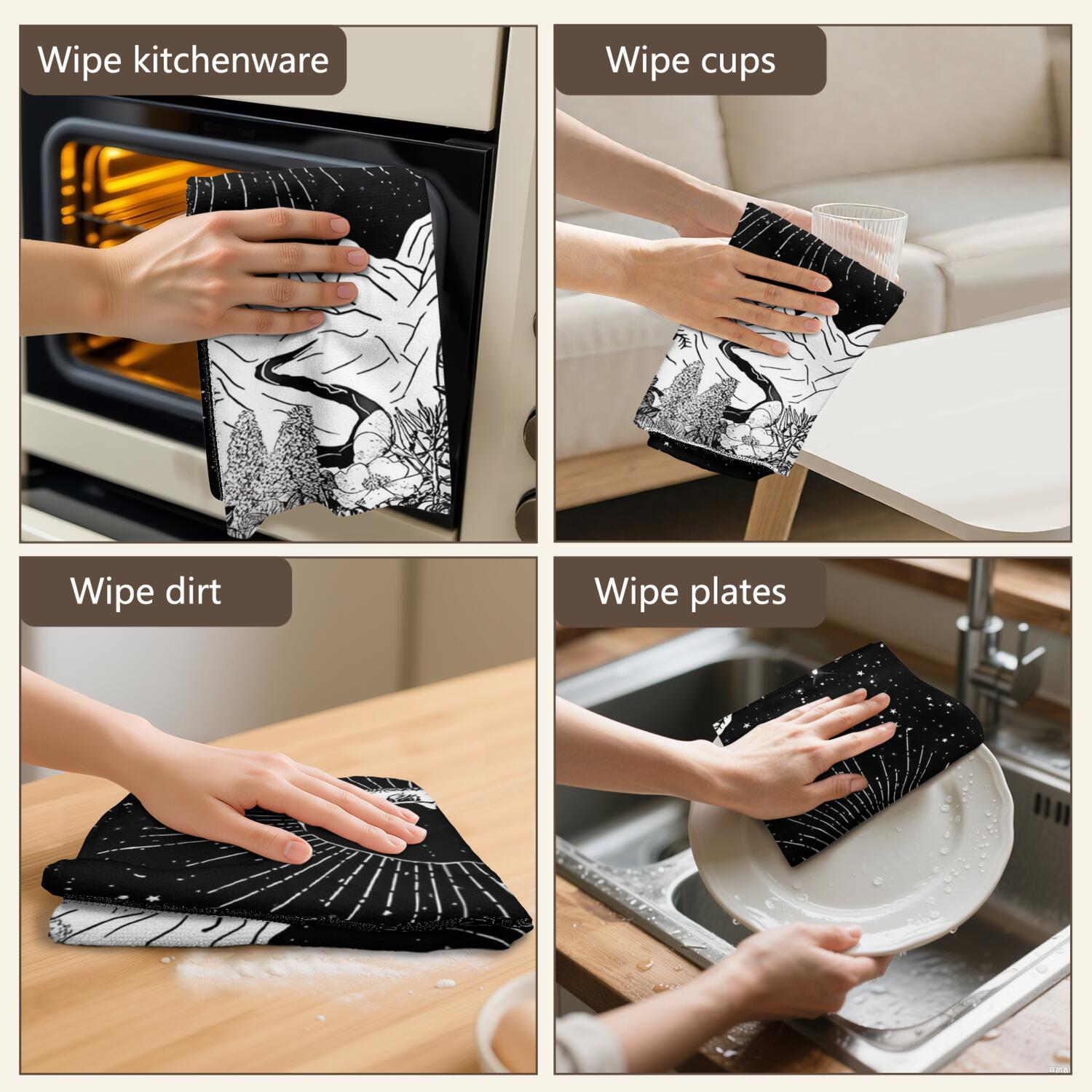 6 Pcs Funny Kitchen Towels,Black Gothic Moon Mountain Pattern Microfiber Dish Towels,Kitchen Tea Towels,Kitchen Towel Set (18" X 26")
