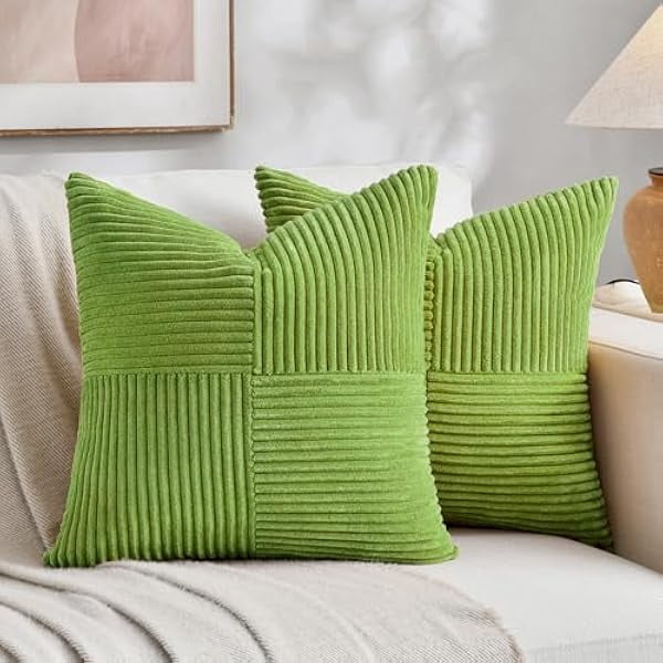 Chenchen Set of 2 Lime Green Decorative Throw Pillow Covers 18x18 Inch with for Couch Bed Sofa Living Room, Soft Cross Patchwork Striped Corduroy Modern Square Cushion Case 45x45 cm