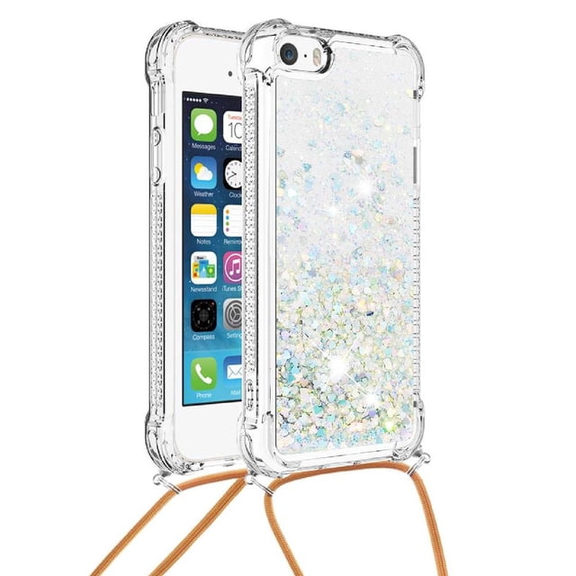 Funda FOXDOCK para iPhone SE con Cuerda Ajustable, Brillo Líquido, Protección Antigolpes y Lente – Ideal para Regalo
