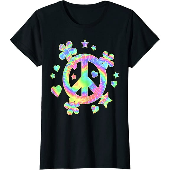 Women Tops Tie-Dye Peace Sign Cute Love Colorful Tye Dye Hippie Flowers Casual T-Shirt