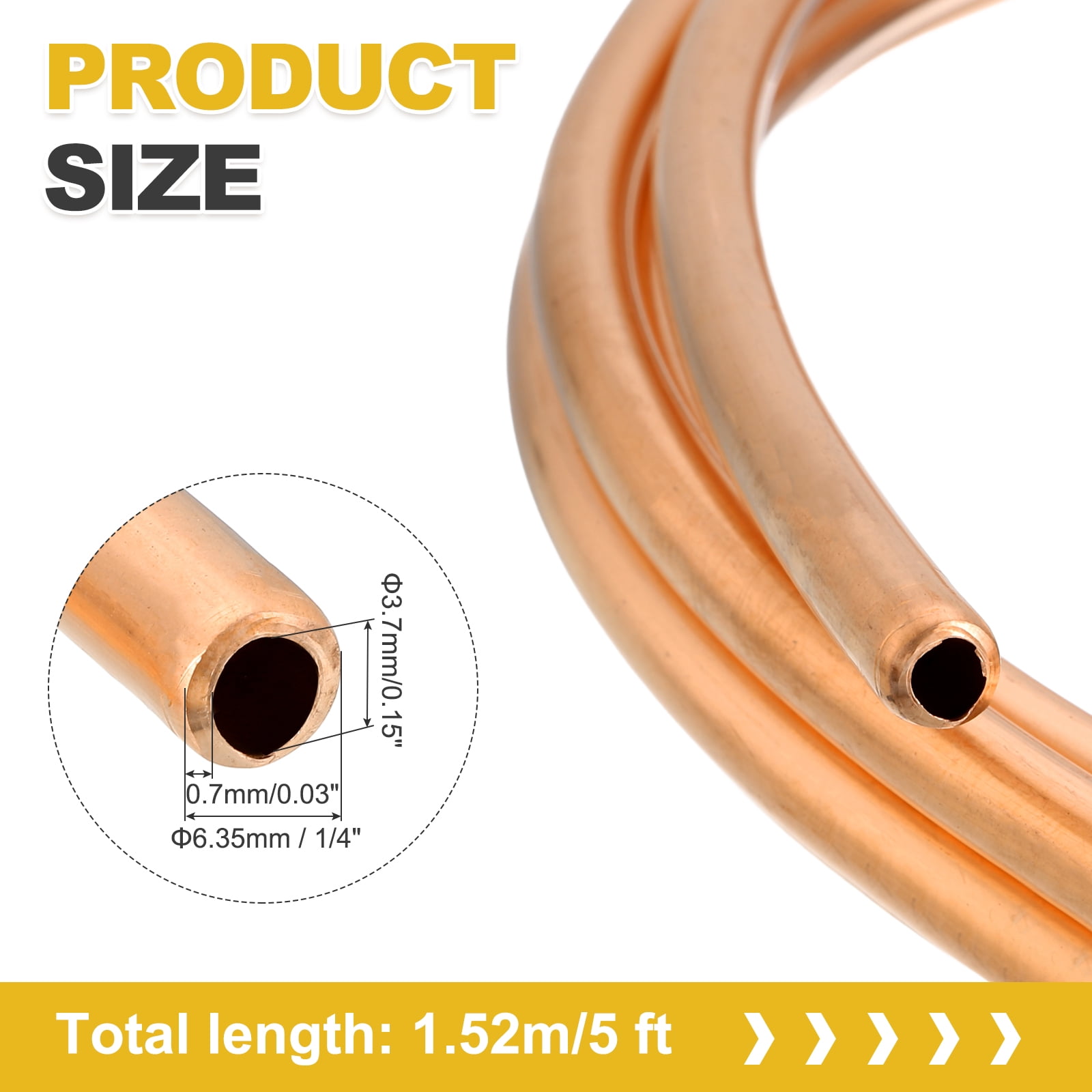 T2 Copper Tubing 0.15"ID x 1/4"OD x 5Ft, 99% Pure Copper Refrigeration Tube Seamless Flexible Coil Pipe