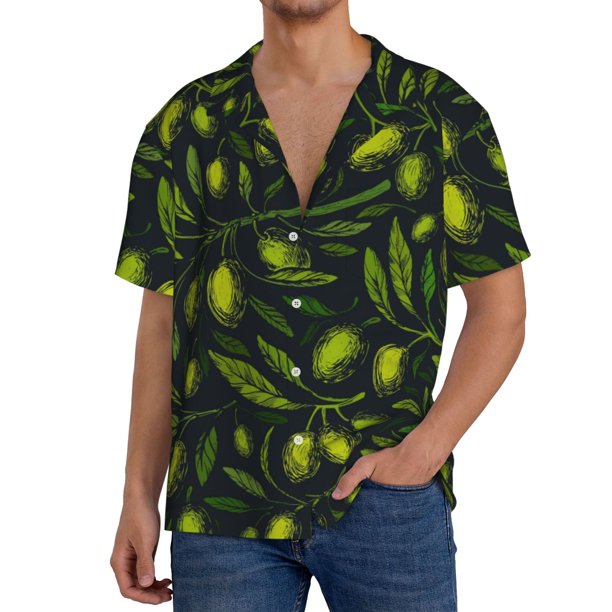 Fotbe Green Branch Olive Camisa Estampada de Manga Corta para Hombre, Casual de Verano, Estilo Playero, Sin Arrugas-Medium