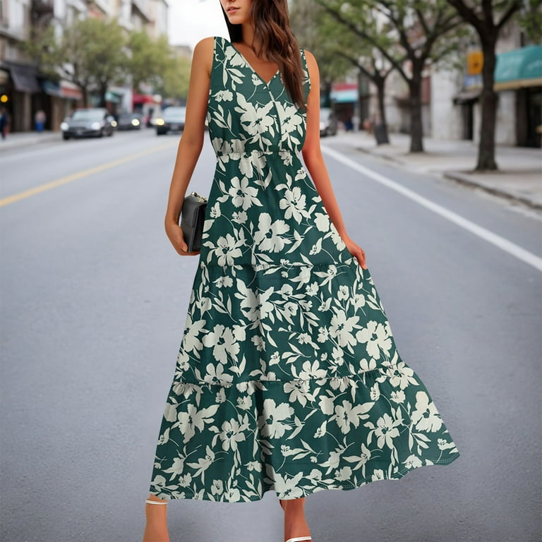 One Shoulder Prom Dress, Wedding Guest Easter Casual Floral V Neck  Sleeveless Flowy Long Dress To Hide Tummy Womens Pants Dressy Casual  Women'S Cocktail Dresses (XL, Dark Green) ZMTing - Walmart.com