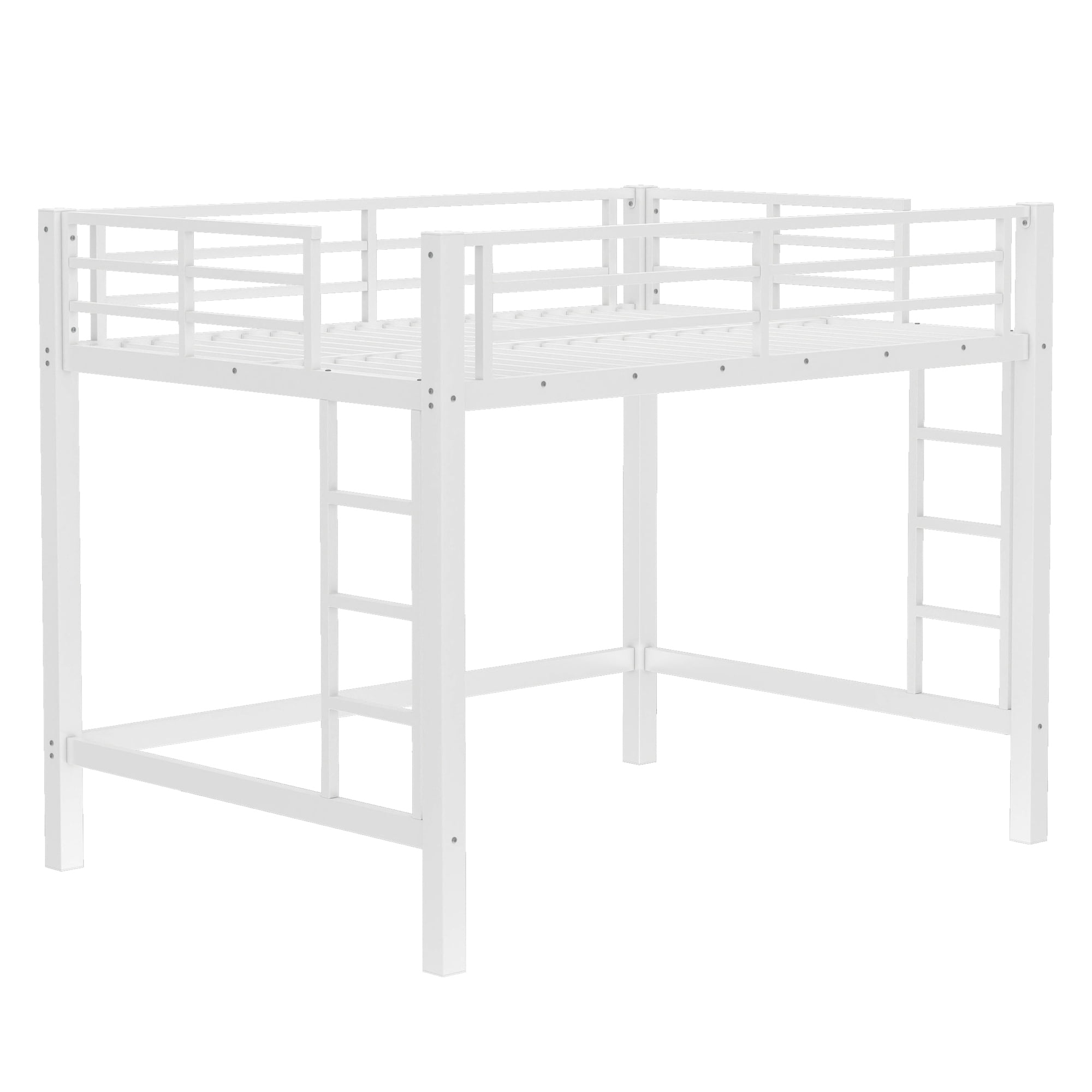 Leumius Full Size Metal Loft Bed Frame, Loft Bed with Easy Climbing Ladder and Guardrails for Kids Teens Adults White