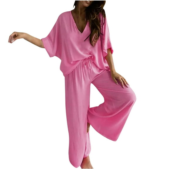 HONHUZH 2 Piece Outfits for Women Summer Suit Short Sleeve Solid Trousers Casual Two-Piece Suit